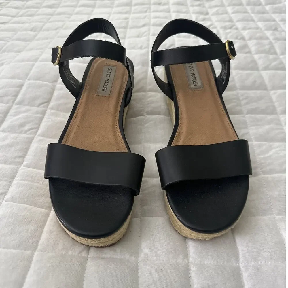 Steve Madden Sandals Womens 9.5 Wedge Espadrille Black Leather Brandice Resort